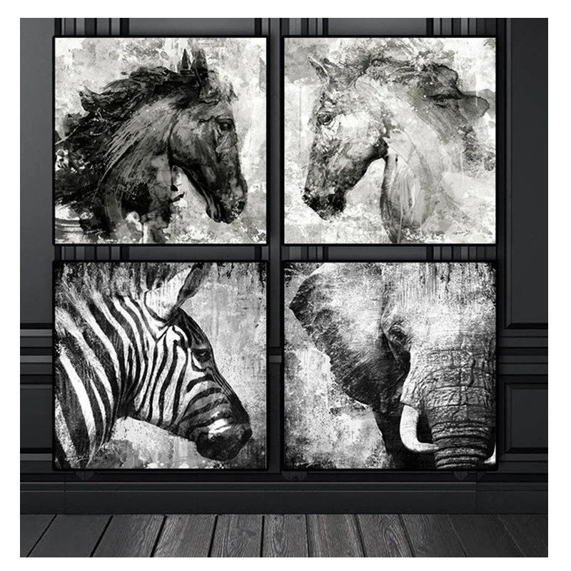 

4pcs Black and White Elephant Horse Zebra Full square round Diamond Painting set 5D Diy picture of Rhinestones EmbroideryZP-1154