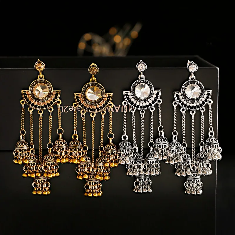 Women\'s Retro Big Gold Color Jhumka Earrings Indian Jewelry Classic White Beads Long Chain Tassel Dangle Earrings Hangers