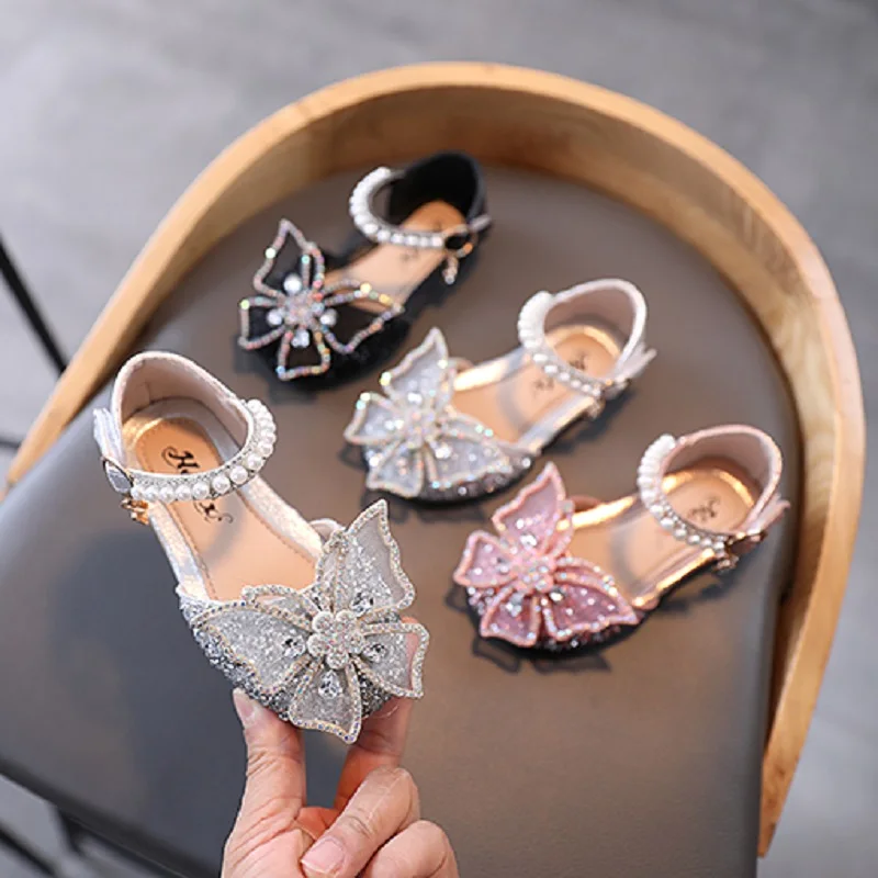 Summer Girls Shoes New Princess Kids Sandals Bling Dance Party Shoes Pearls Bow Kids Child Flats Sandals E800