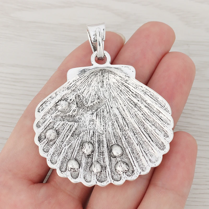 3 x Silver Color Large Rhinestone Scallop Shell Starfish Charm Pendant For Necklace Jewelry Making Findings 65x52mm