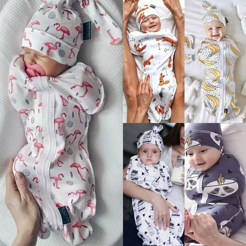 Sơ Sinh Trẻ Em Bé Túi Ngủ Hoạt Hình Cáo Gấu Trúc Tai Voi Thỏ Sữa In Hình Cotton Dễ Thương Dây Kéo Túi Ngủ + Mũ 0-6M