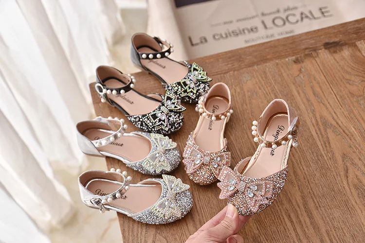 Princess Kids Leather Shoes Girls Casual Glitter Sandals Children High Heel Shoes Butterfly Knot Kids Student Performance Shoes