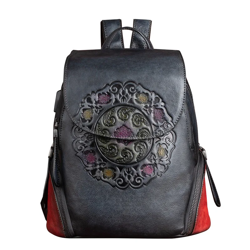 Ladies Fashion Backpack Retro Genuine Leather Backpacks For Women New Handmade Embossed Vintage Bag China Style Backpack