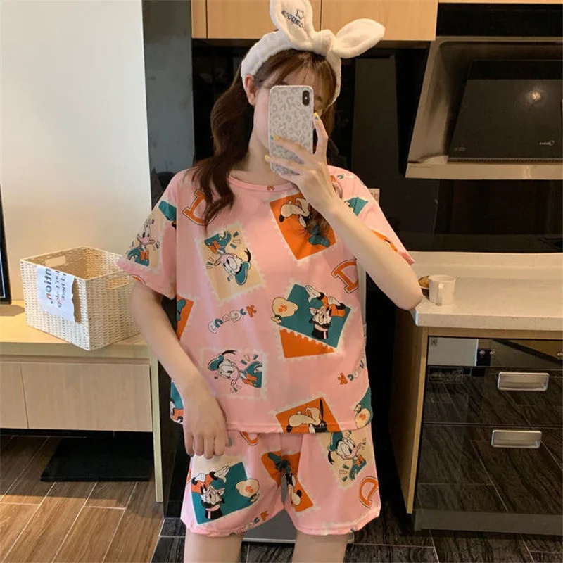 Disney summer pajamas Women cartoon bear Mickey print student thin short-sleeved cute shorts two-piece suit home service pajamas