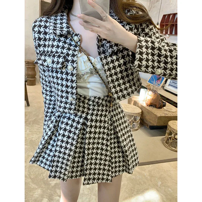 Small Fragrance Style Elegant Tweed 2 Piece Set Women Vintage Houndstooth Cropped Jacket + Pleated Mini Skirt Suits Sexy Outfits