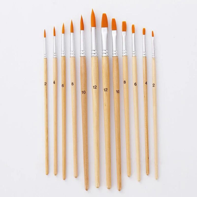 12 pcs/set Paint Brush Different Size Log color Nylon Hair Oil Painting Brushes Set for Watercolor Acrylic Drawing Art Supplies