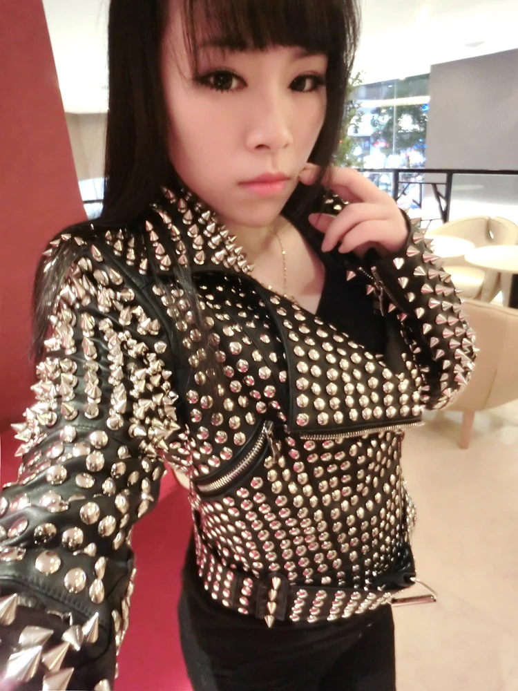 Full Rivet PunK Rock Music Festival Stage Show Full Metal Sequined Motobike Industrial Heavy Leather Jacket Cool Chic Singers