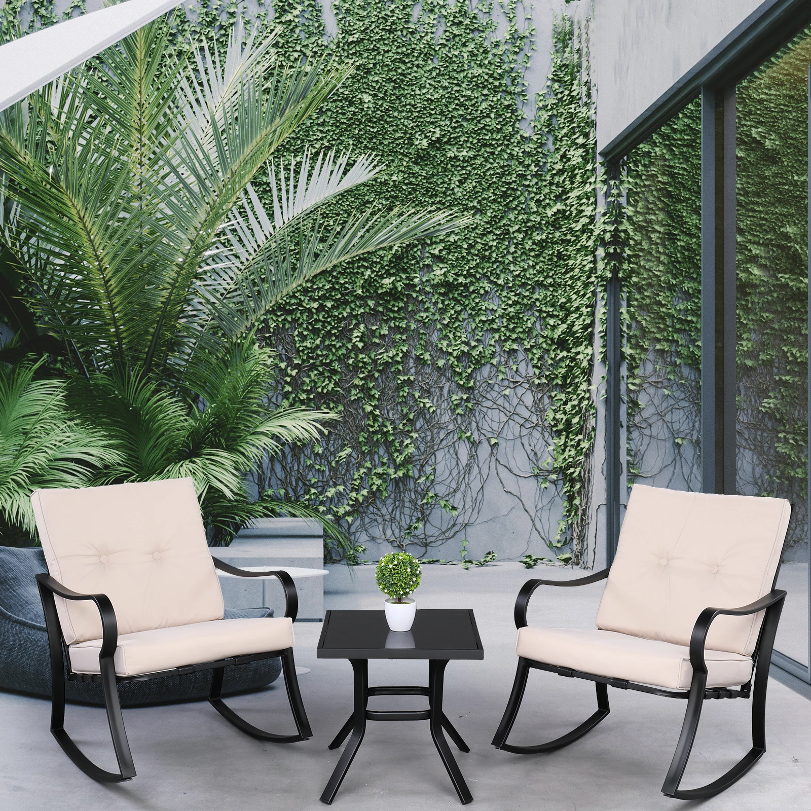 2pcs Strap Rocking Chair And 1pc Coffee Table Disassembly and Assembly Black Frame Beige Cushion Outdoor Furniture