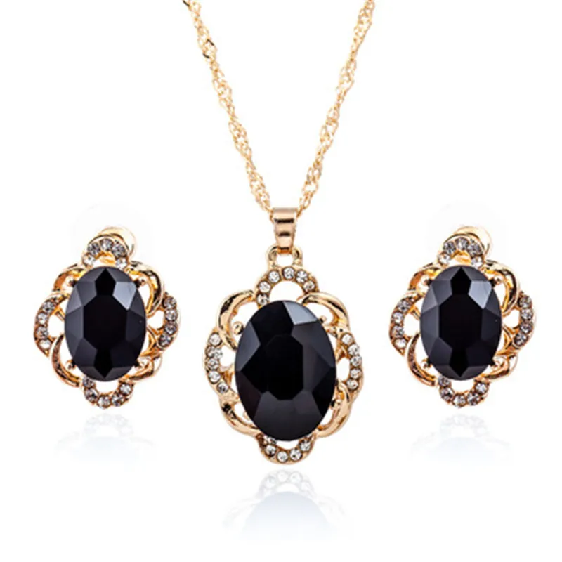 New Fund Is Popular Gem Female Ellipse Black Gem Ear Nail + Necklace Geometry Is Full Drill Two Sets Necklace Act The Role Of