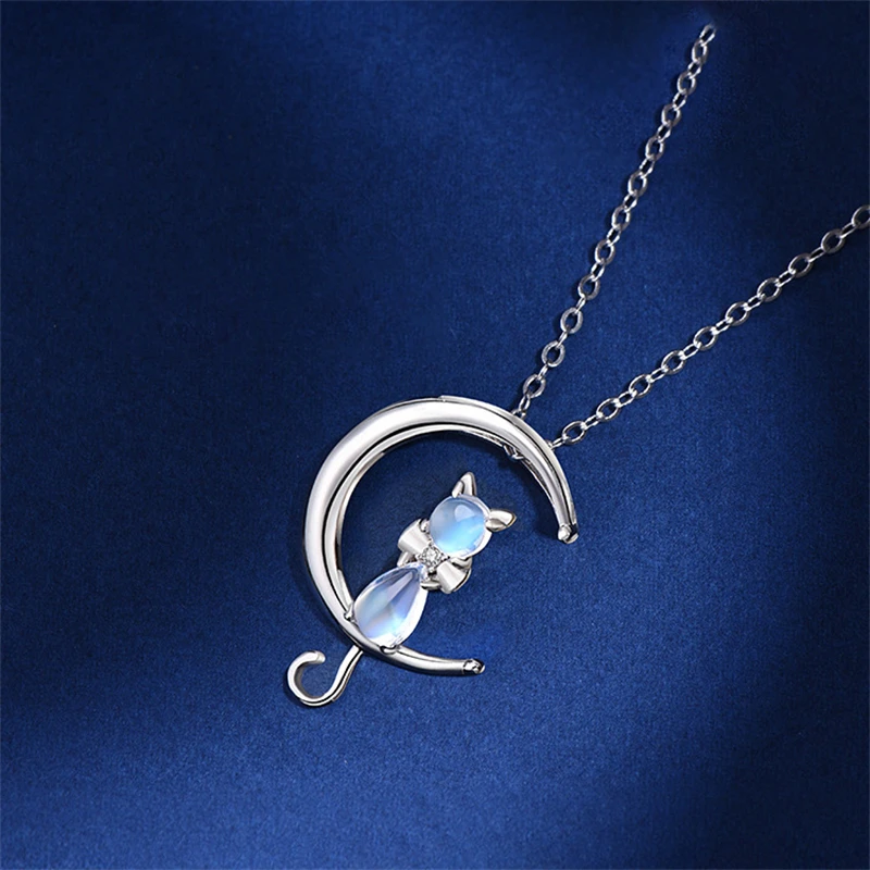 KOFSAC Exquisite Crystal Cute Moon Cat Pendant Girl Jewelry 925 Sterling Silver Necklaces For Women Valentine\'s Day Accessories