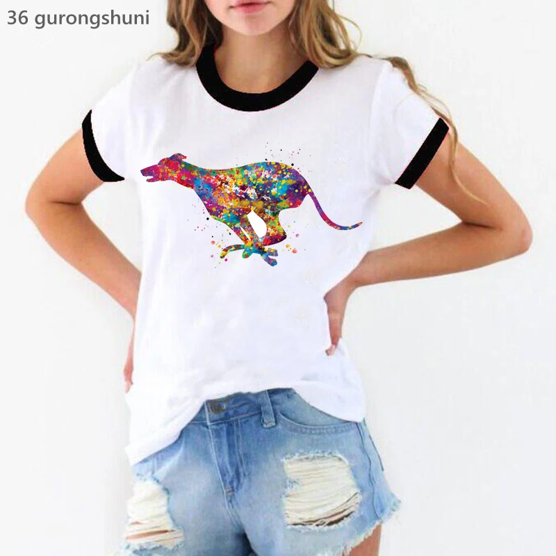 Greyhound Watercolor Animal Print Women'S T-Shirt Funny Dog Lover Tshirt Femme Harajuku Kawaii Clothes T Shirt Female Wholesale