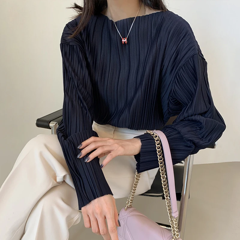 OCEANLOVE Pleated Solid Women Blouses Korean Office Lady Elegant Autumn Blusas Mujer 2022 Shirts Fashion Long Sleeve 18986