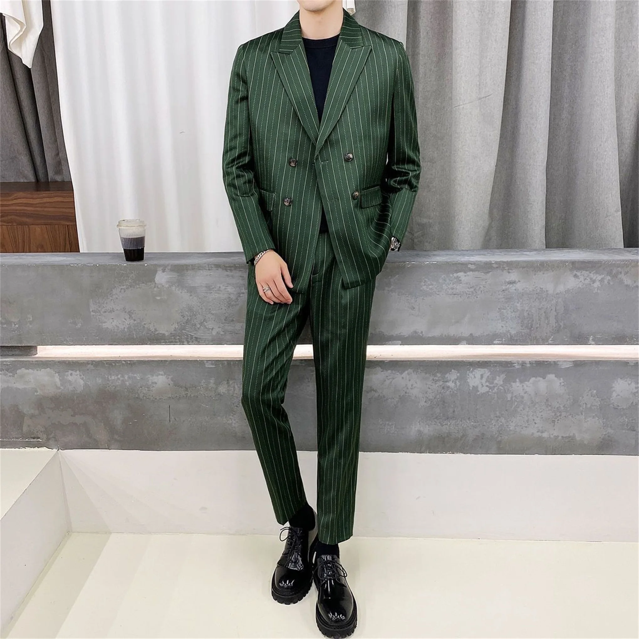 Olive Green Pinstripe Wedding Tuxedos Two Button Mens Groom Coat Suits Plus Size Prom Party Blazer Jacket (jacket+pants)