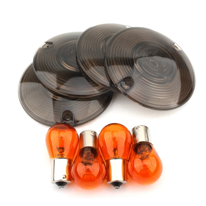 4 x Smoke Turn Signal Light Lens Cover & Bulb For Harley Davidson Touring Electra Glides Road King Smoke