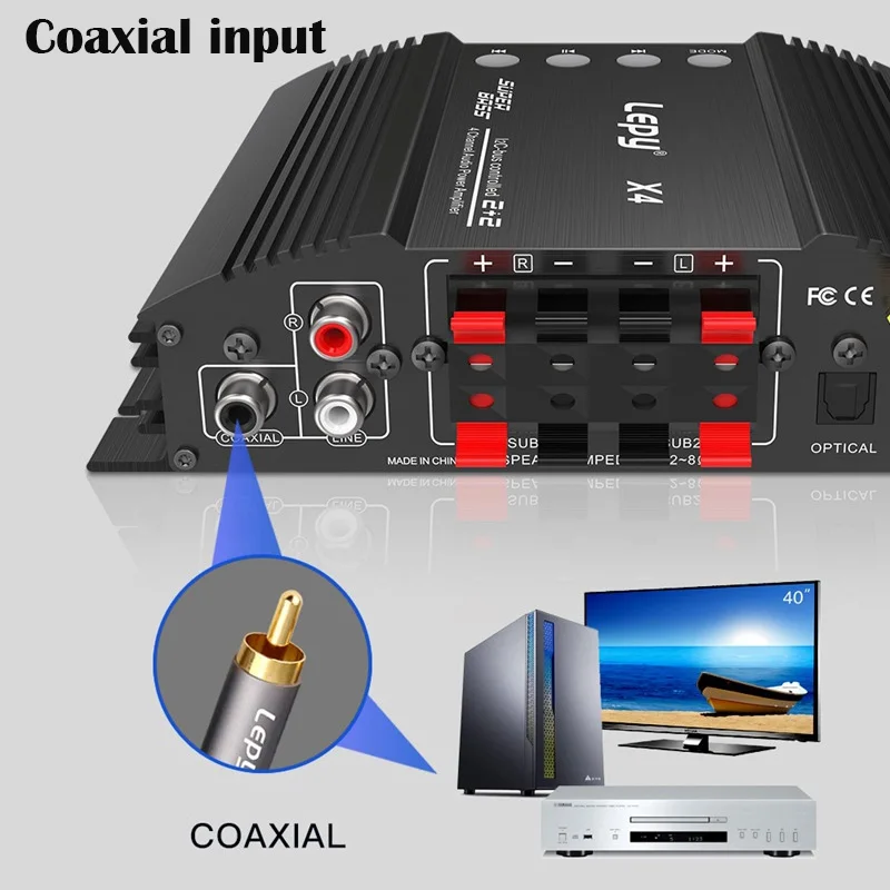 HIFI 5.0 Bluetooth Power Amplifier, Optical Fiber, Coaxial Input, 2.1 Audio Amplificador Dual Subwoofer Output, 4 Channels