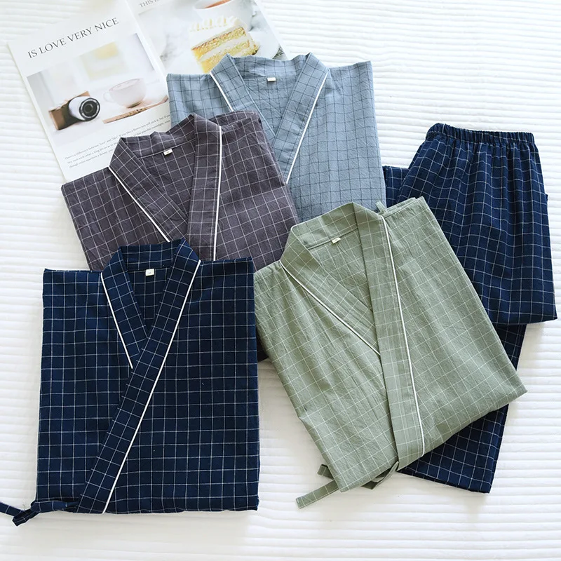 Spring Couple Plaid Kimono Pajamas V-Neck Three Quarter Sleepwear Thin Men and Women Washed Cotton Pijamas 2 Piece Home Clothes