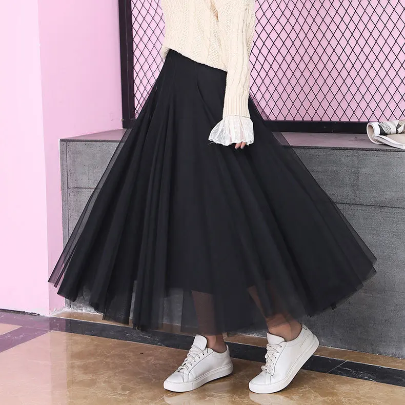 2022 Spring/Summer Skirts Women High Waist Mesh Skirts Womens Solid A-Line Long Skirts Femme Casual Pleated Skirts Streetwear