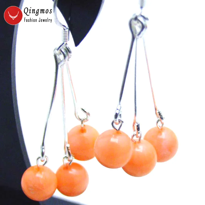 Qingmos 6-7mm Round Natural Pink Coral Earrings for Women with Genuine Stone Earring Hook Dangle Earring 2