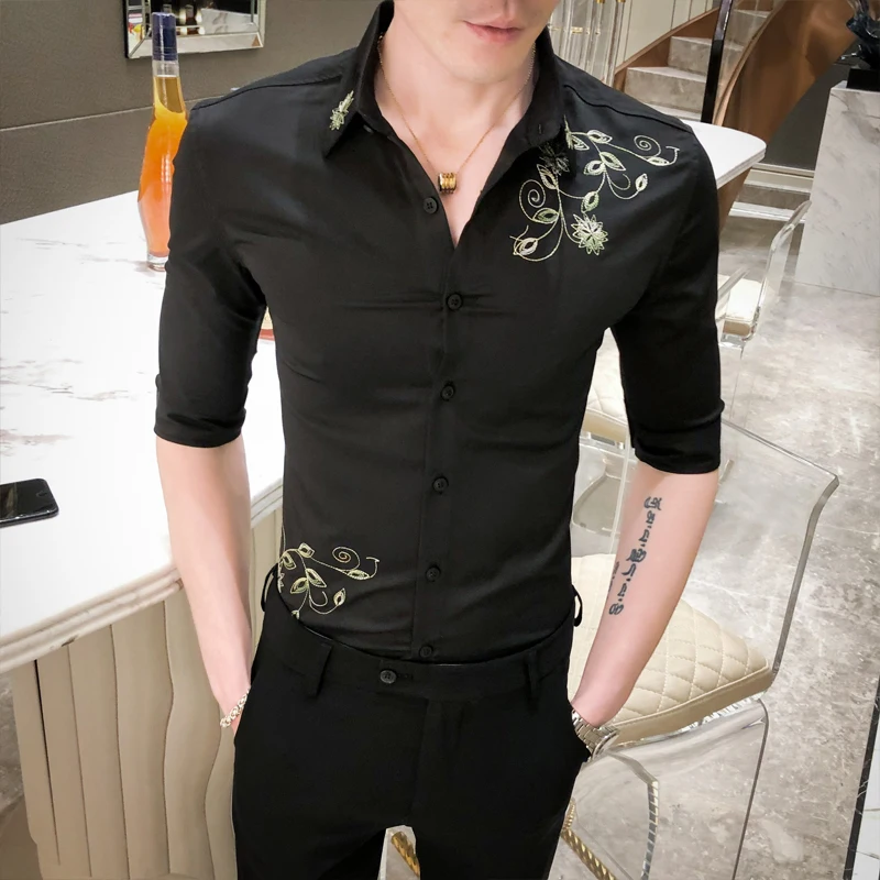 Embroidery British Style Shirt Men Shirt Short Sleeve Casual Business Dress Shirts Brand Slim Fit Social Blouse Camisa Masculina