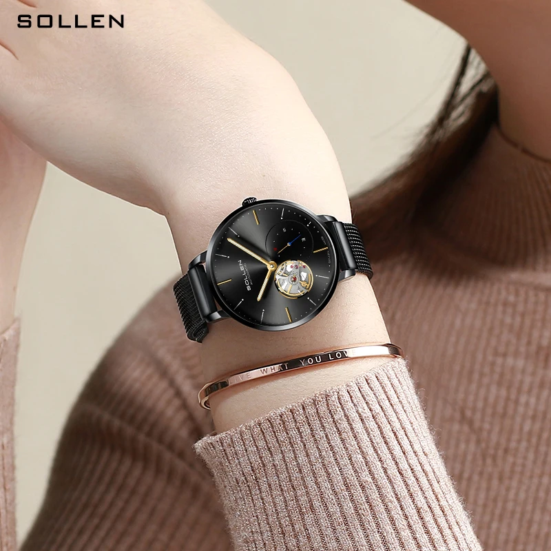 New Switzerland Luxury Brand SOLLEN Automatic Mechanical Women\'s Watches Waterproof Dual Skeleton Mesh Band Ladies Clocks SL418