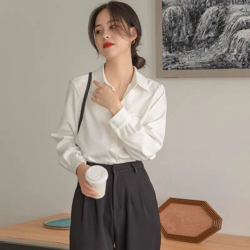 Autumn Women White Shirts Formal Long Sleeve Turn Down Collar Top Solid Business Temperament Black Shirt S-5XL Classic Blouse OL