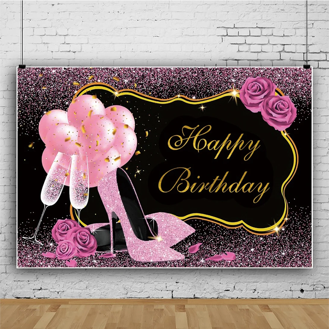Laeacco rosa tacchi alti festa di buon compleanno sfondo fotografia rosa palloncino ragazze ritratto personalizza Banner foto sfondo