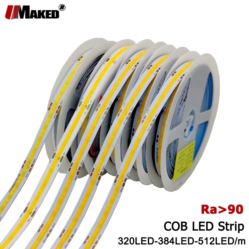 

COB LED Strip 320 384 512 LEDs/M High Density Flexible FCOB Lights DC12V 24V RA90 3000K 4000K 6000K No Spot Linear Tapes 5M/Lot