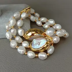 YYGEM 8'' 3 Strands Cultured White Baroque freshwater Pearl White Keshi Pearl Strand Bracelet for handmade classic wedding