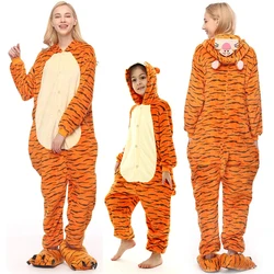 Fleece Tijger Volwassen Onesie Pyjama Kerst Halloween Dier Cosplay Nachtkleding Vrouwen Mannen Kinderen Familie Eendelig Jumpsuit Kostuum