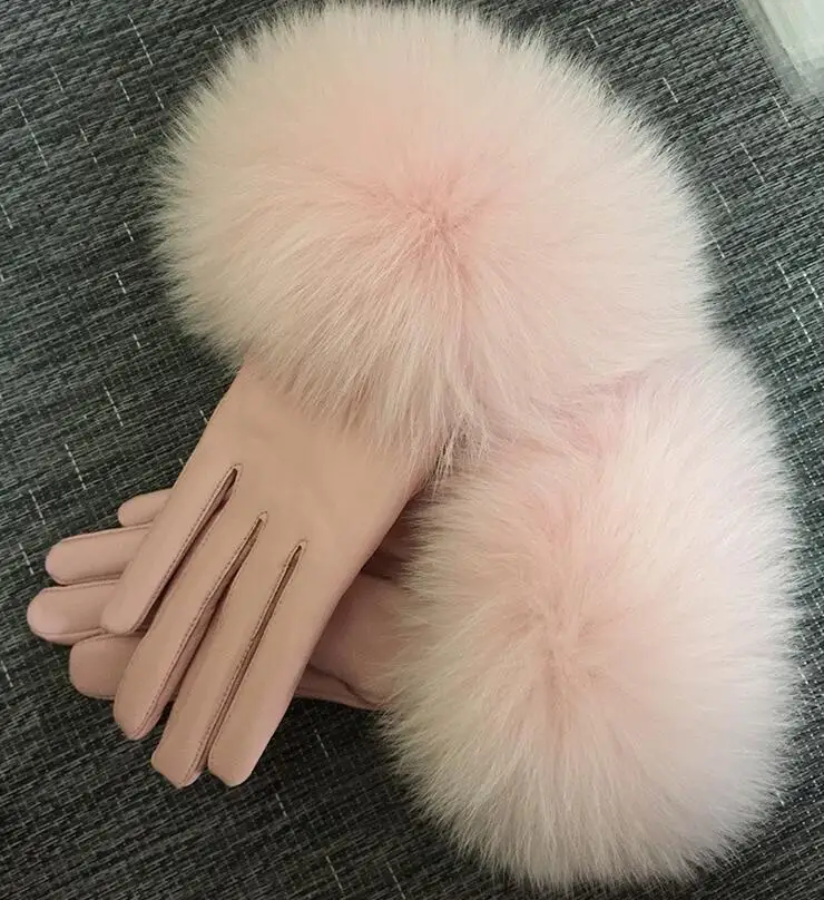 Women's natural big fox fur genuine leather glove lady's warm natural sheepskin leather plus size black driving glove R2452