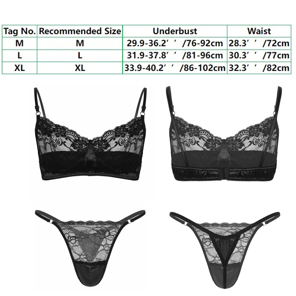 Men sissy Lace Lingerie Set Erotic Patchwork Bra Top with G-string Thong Sexy Nightwear Underwear Sets