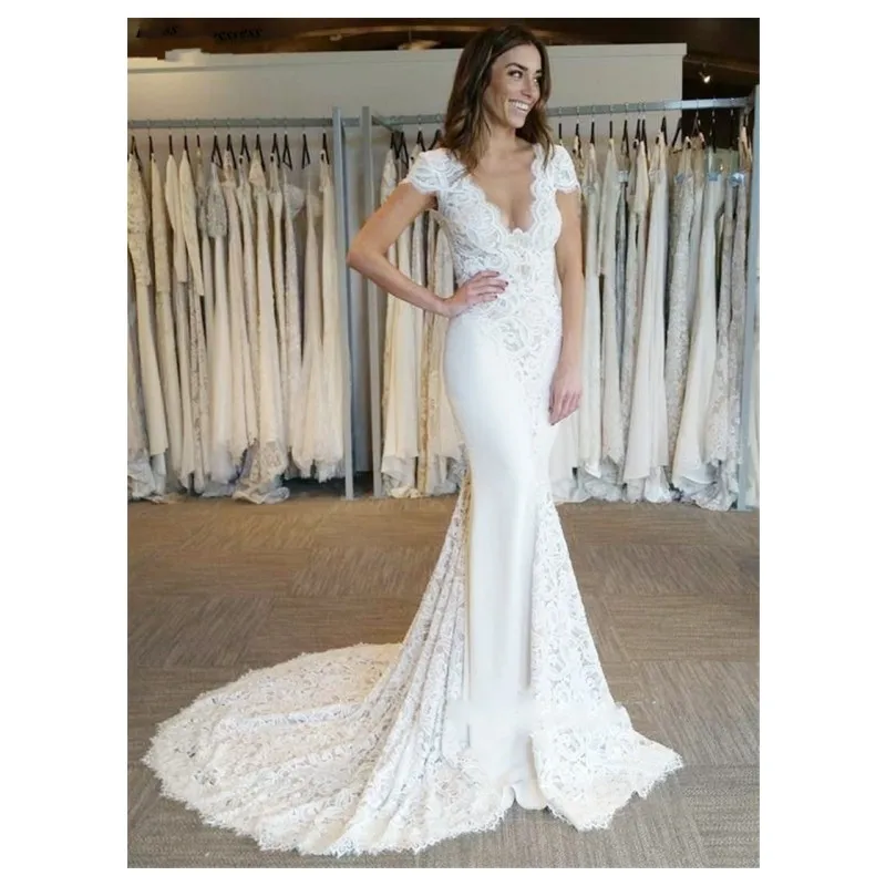 

JIERUIZE Amazing Lace Mermaid Wedding Dresses With Short Sleeves V-Neck Backless Sexy Bridal Gowns Mariage vestido de noiva