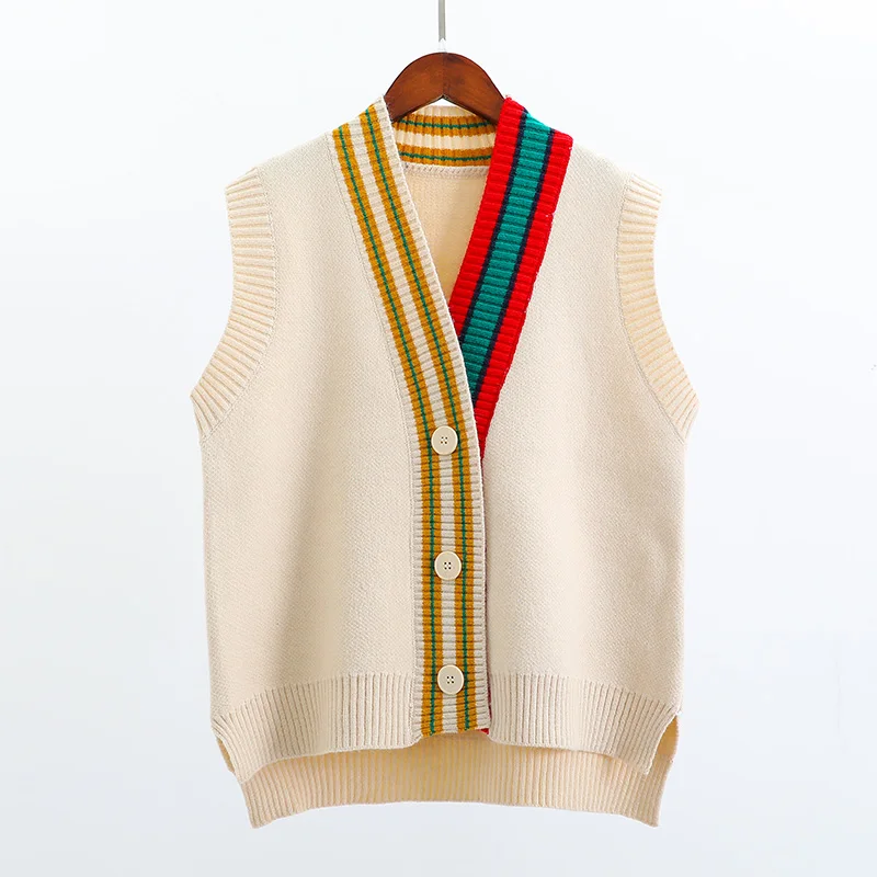 2024 Female Fashion Loose Vest V-neck Button Sweater Open Stitch Casual Striped Cardigan Women Sleeveless Knitted Sweater Coat