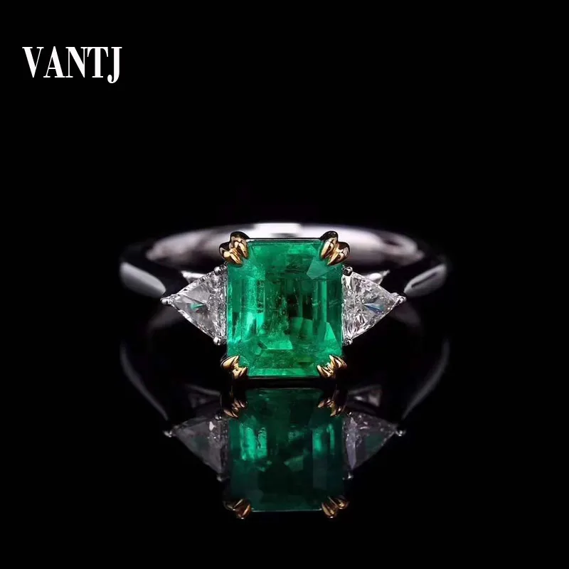 VANTJ Lab Grown Emerald Rings Sterling 10K Gold Created Gemstone Moissanite 1ct for Women Party Birthday Gift