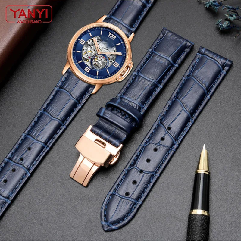 Genuine leather bracelet dark blue color watch strap Butterfly Clasp watchband sized in 16mm 18mm 20mm 21 22mm 23mm watch band