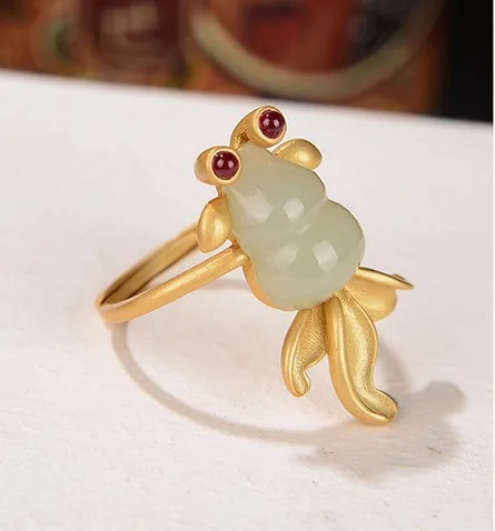 

100% S925 sterling silver gold-plated natural Hetian jade ring retro personality cute goldfish lady open ring