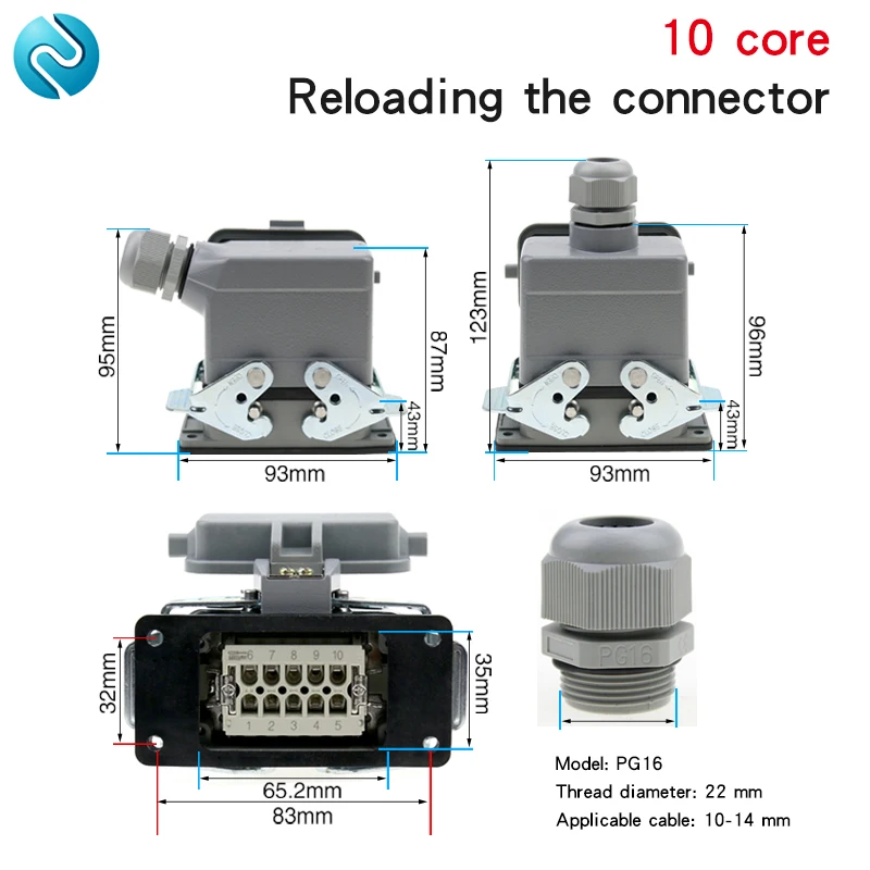 Rectangular Heavy Duty Connector  HDC-HE-010  Waterproof Aviation Industry Cabinet Body 10 core pins Plug Socket with cover