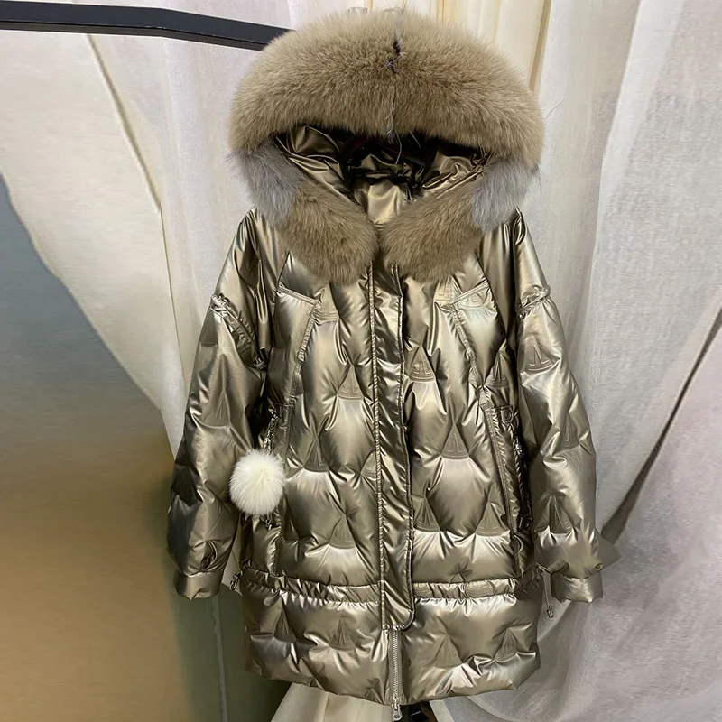 Large Natural Fox Fur Hooded Shiny Jacket 2023 New 90% Duck Down Coat women Long Golden Female Winter Down Parkas Waterproof