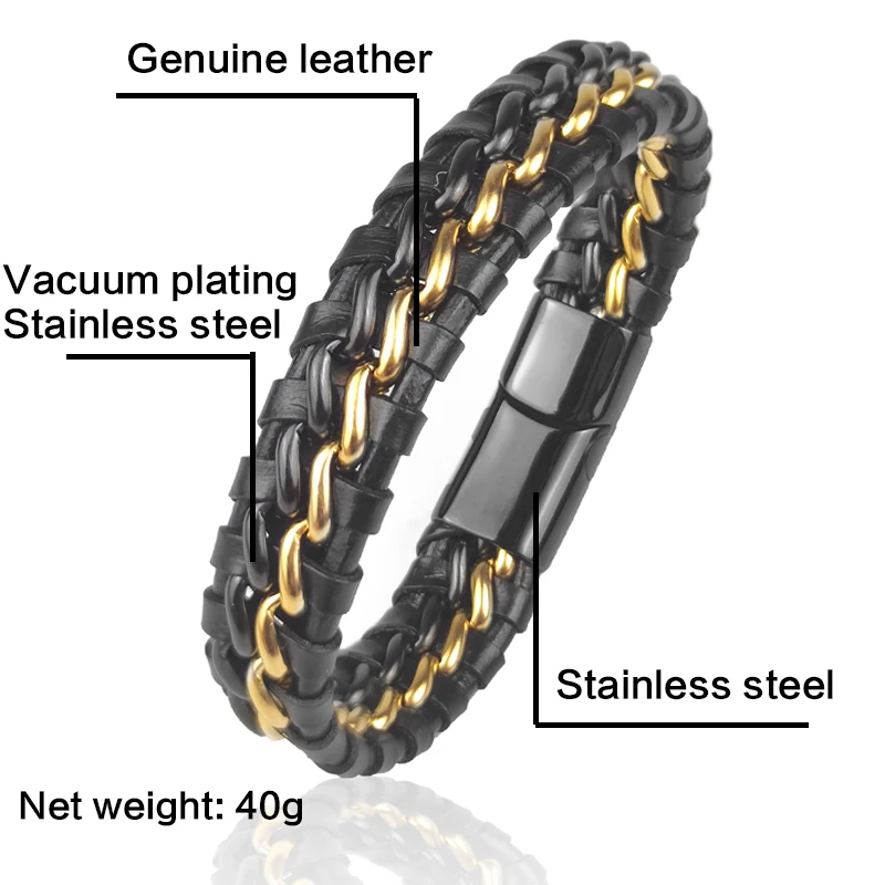 Bracelet à chaîne en cuir véritable pour homme, fermoir magnétique en acier inoxydable plaqué or, bijoux exclusif, cadeau, vente en gros