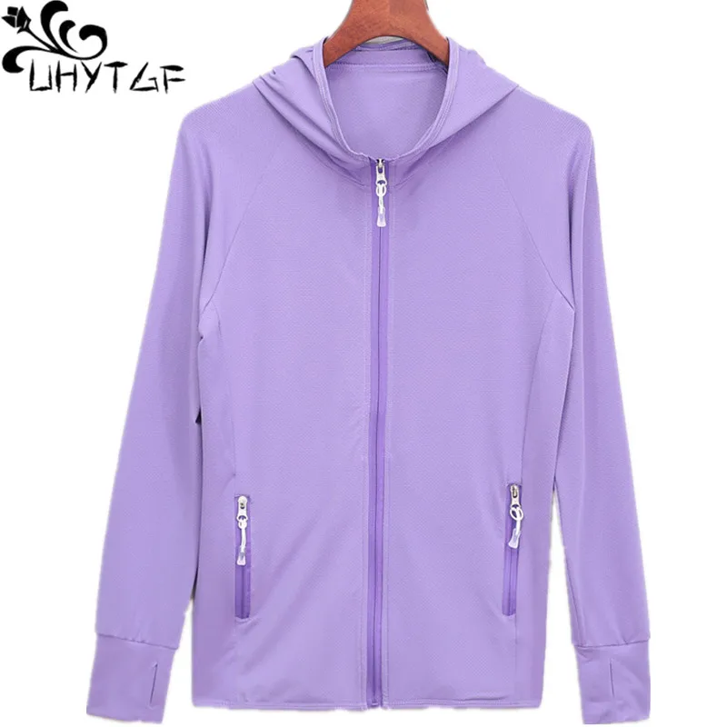 UHYTGF Outdoor Couples Sports Coat Women Ice Silk Hooded Breathable Thin Sunscreen Clothes Anti UV Loose Size Jacket Women 1415