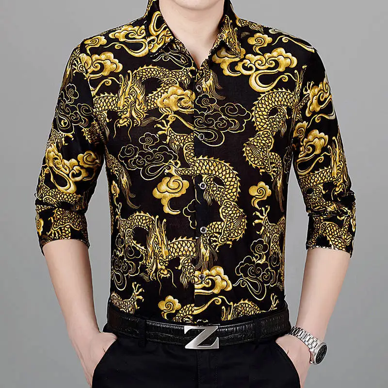 Spring and summer new men's long-sleeved shirt fashion casual eagle print button clothing 3D Chinese style dragon shirt M-4XL