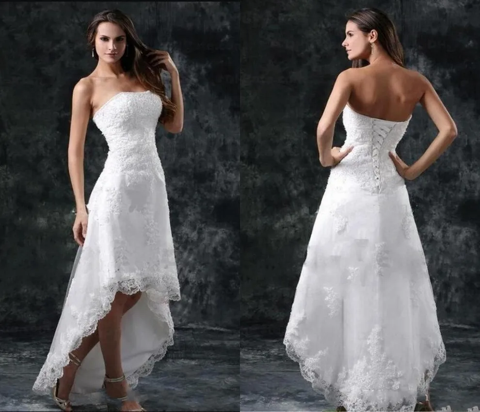 2025 Abito da sposa Sexy senza spalline Appliques in pizzo Alto basso Piccolo bianco Avorio Summer Beach Abiti da sposa corti Robe De Mariage