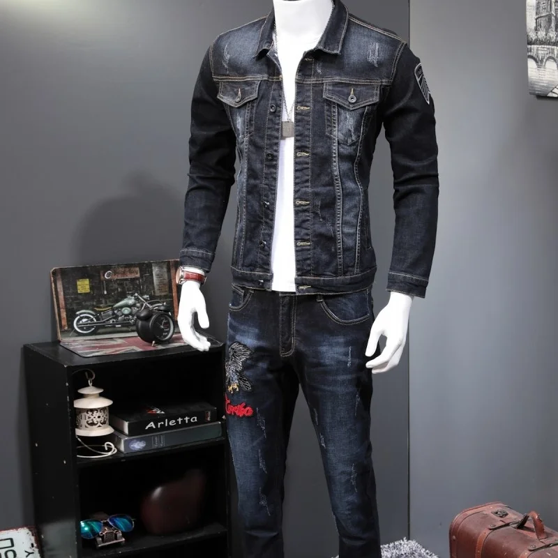 New Spring Fashion Men's 2 Piece Sets Vintage Embroidery Long Sleeve Slim Denim Jacket Coats And Jeans Pants Man Clothes