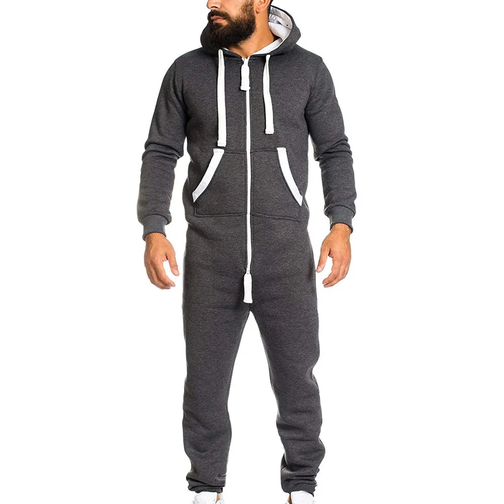 Plus Size Men One-piece Garment Pajama Playsuit Zipper Hoodie Male Onesie Solid Color Jumpsuit Streetwear Overalls