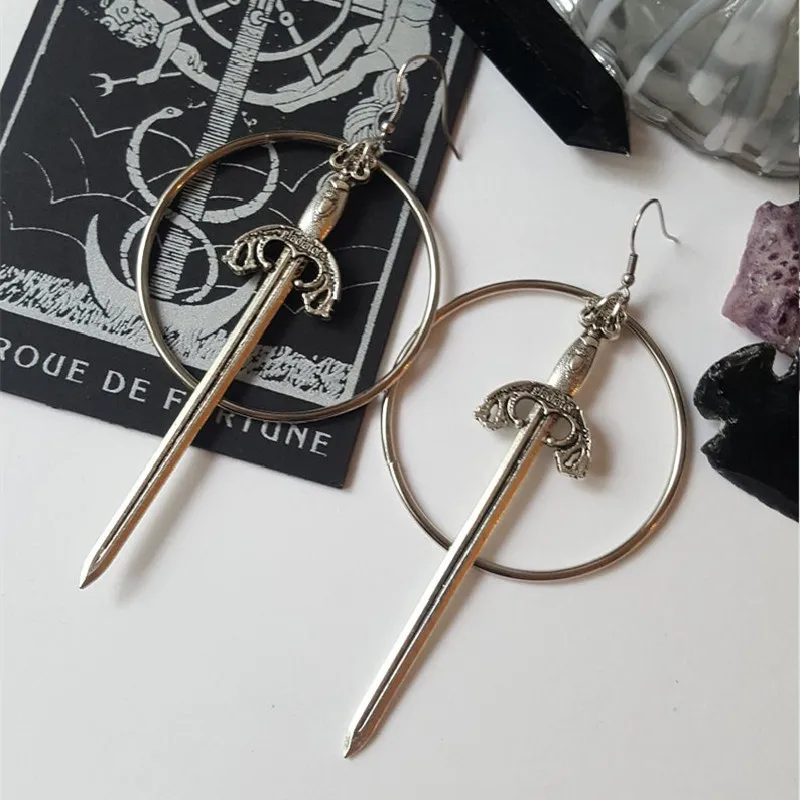 New Goth Swords Hoop Earrings Crystal Alternative Minimal Romantic Statement Jewelry Witchy Gift Goth Stones Women Gift Trend