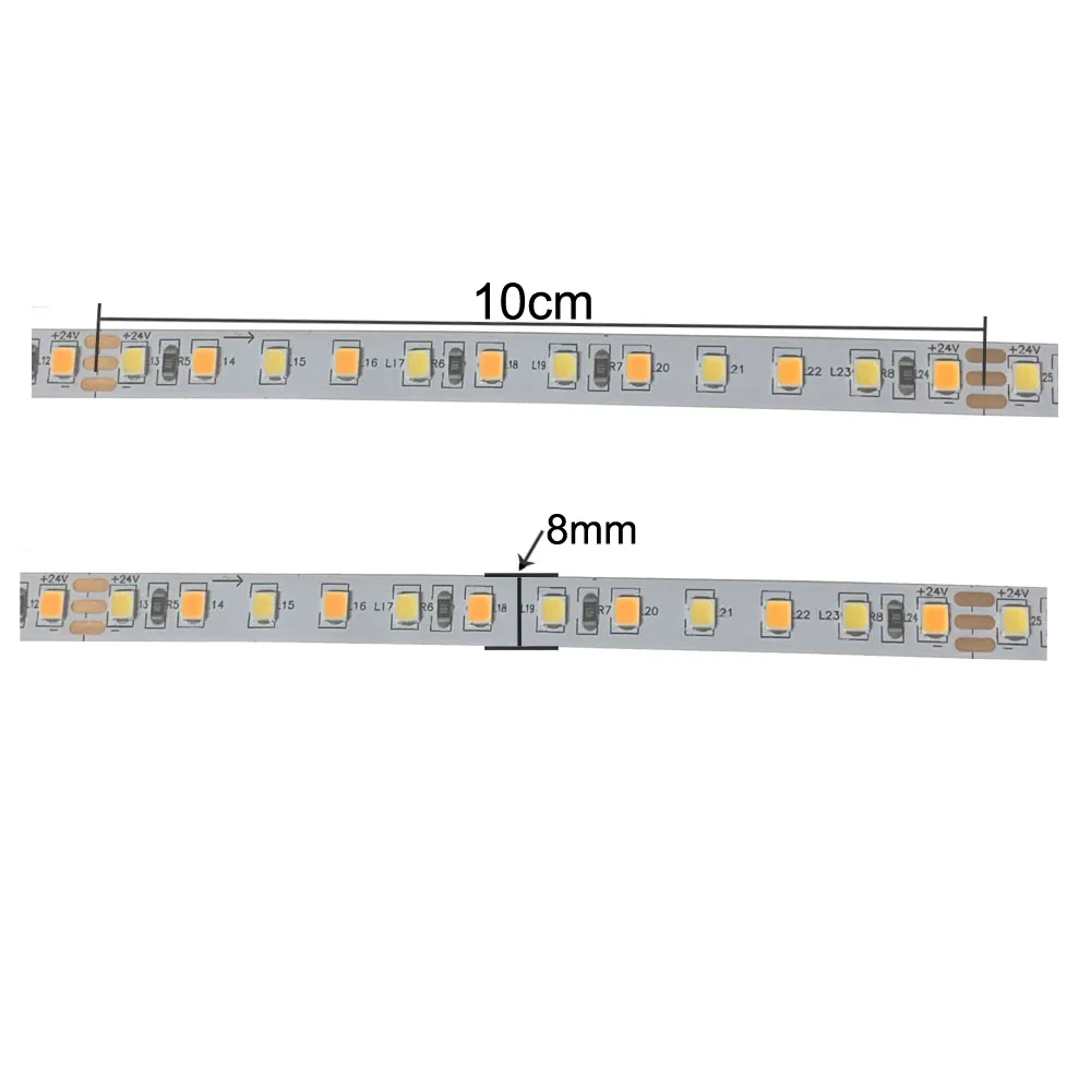 3 años de garantía CRI 95 CCT 24V luces de tira LED para dormitorio No impermeable 120LED/m longitud 5m ancho 8mm unidad de corte 10cm