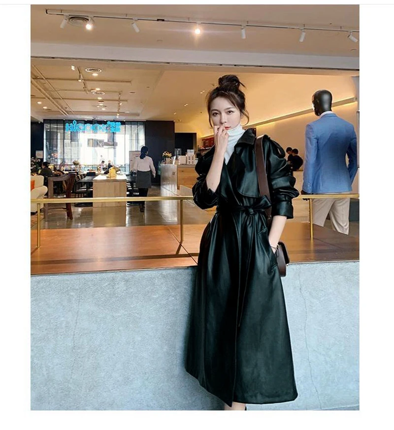 Nerazzurri Spring Black Oversized Long Waterproof Leather Trench Coat for Women 2021 Long Sleeve Loose Korean Fashion Clothing