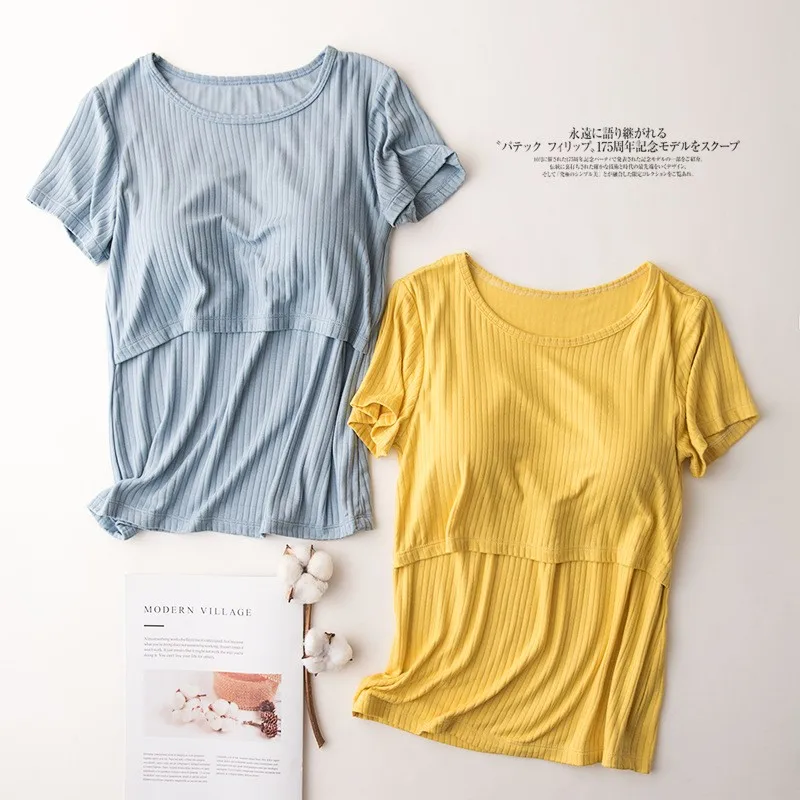 

Women's Maternity T-Shirts Breastfeeding Blouse Round Neck Short Sleeve Tees Nursing Top Modal Solid Pregnant Female Home Summer