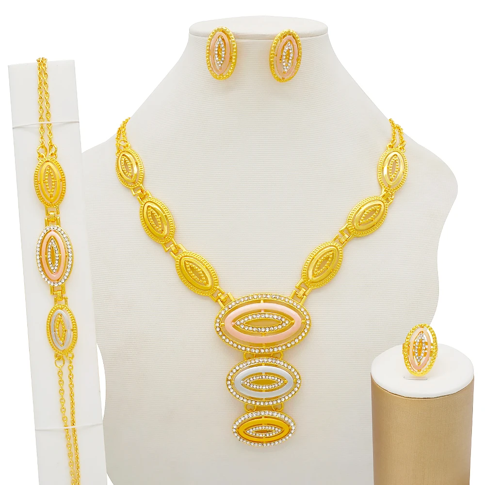 

African Necklace Sets In Gold For Women Nigeria Bridal Wedding Gifts Party Bracelet Round Necklace Earrings Ring Set Jewelry