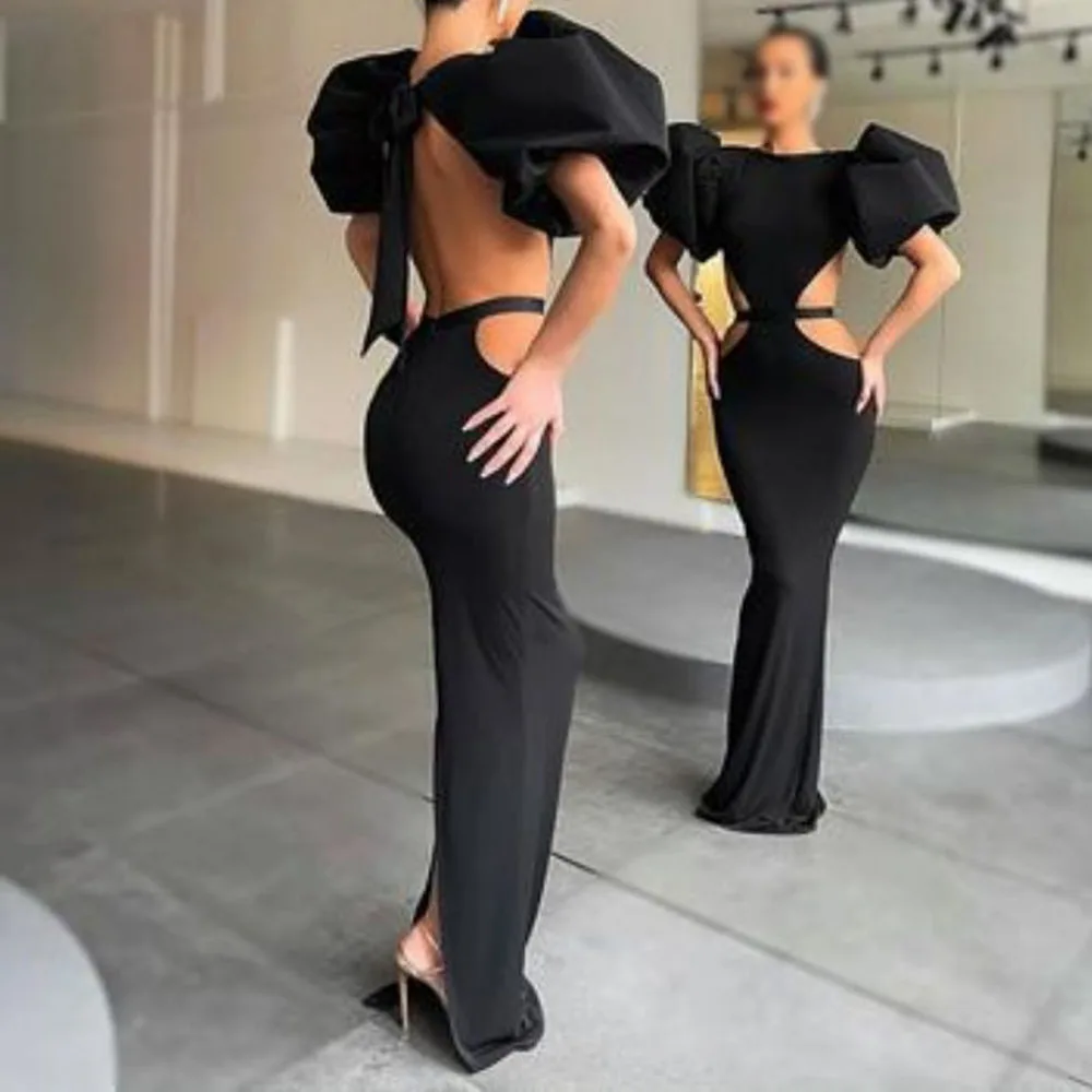 2022 Summer Women\'s Dress Fashion Cut Out Backless Evening Sexy Night Club Party Black Puff Sleeve Celebrity Long Formal Dress